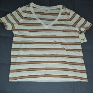 a.n.a White and Brown Striped V-Neck Short Sleeve Top